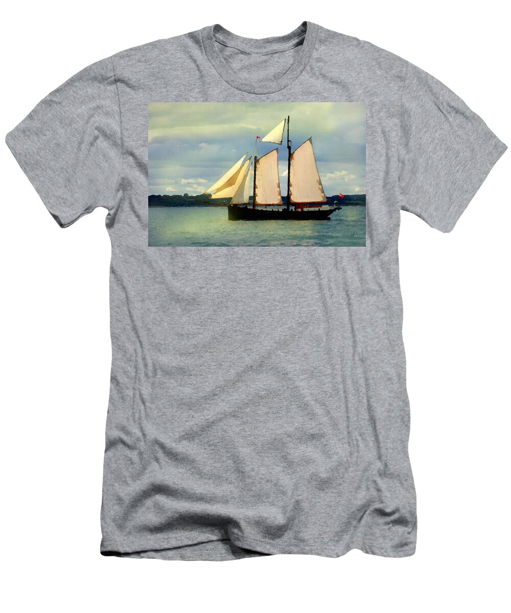 Sailing Ship T-Shirt featuring the mixed media Sailing the Sunny Sea by Shelli Fitzpatrick