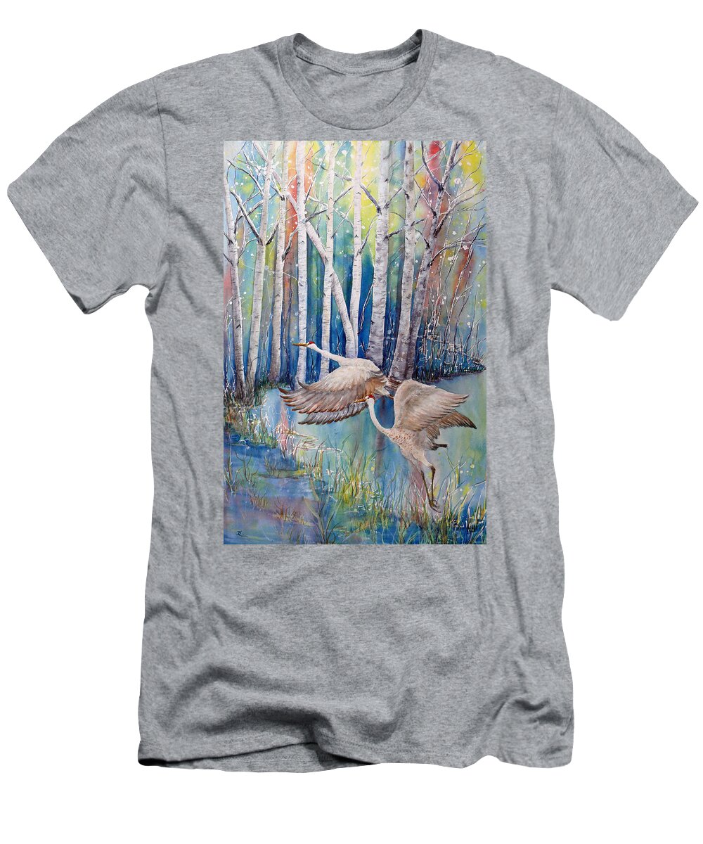 Sandhill Crane T-Shirt featuring the painting Sandhill Flight by Dee Carpenter
