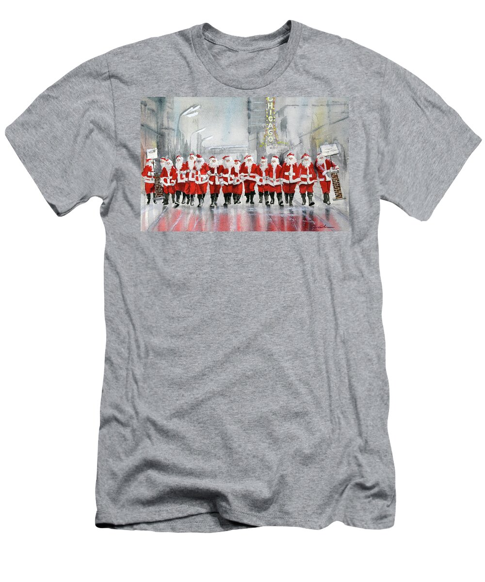 Chicago T-Shirt featuring the painting Santas On Parade - Chicago State Street by Glenn Galen