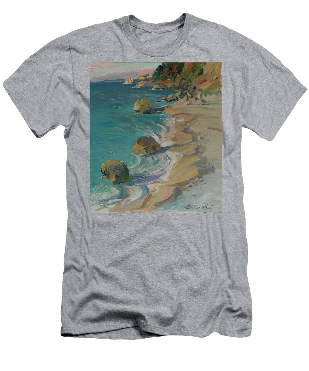 Seascape Of Nimfa Beach T-Shirt featuring the painting Seascape of Nimfa Beach, Vlora, Albania by Buron Kaceli
