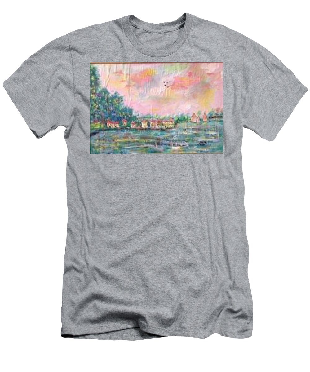 Seascape T-Shirt featuring the painting Seascape showing pink sky by Sam Shaker