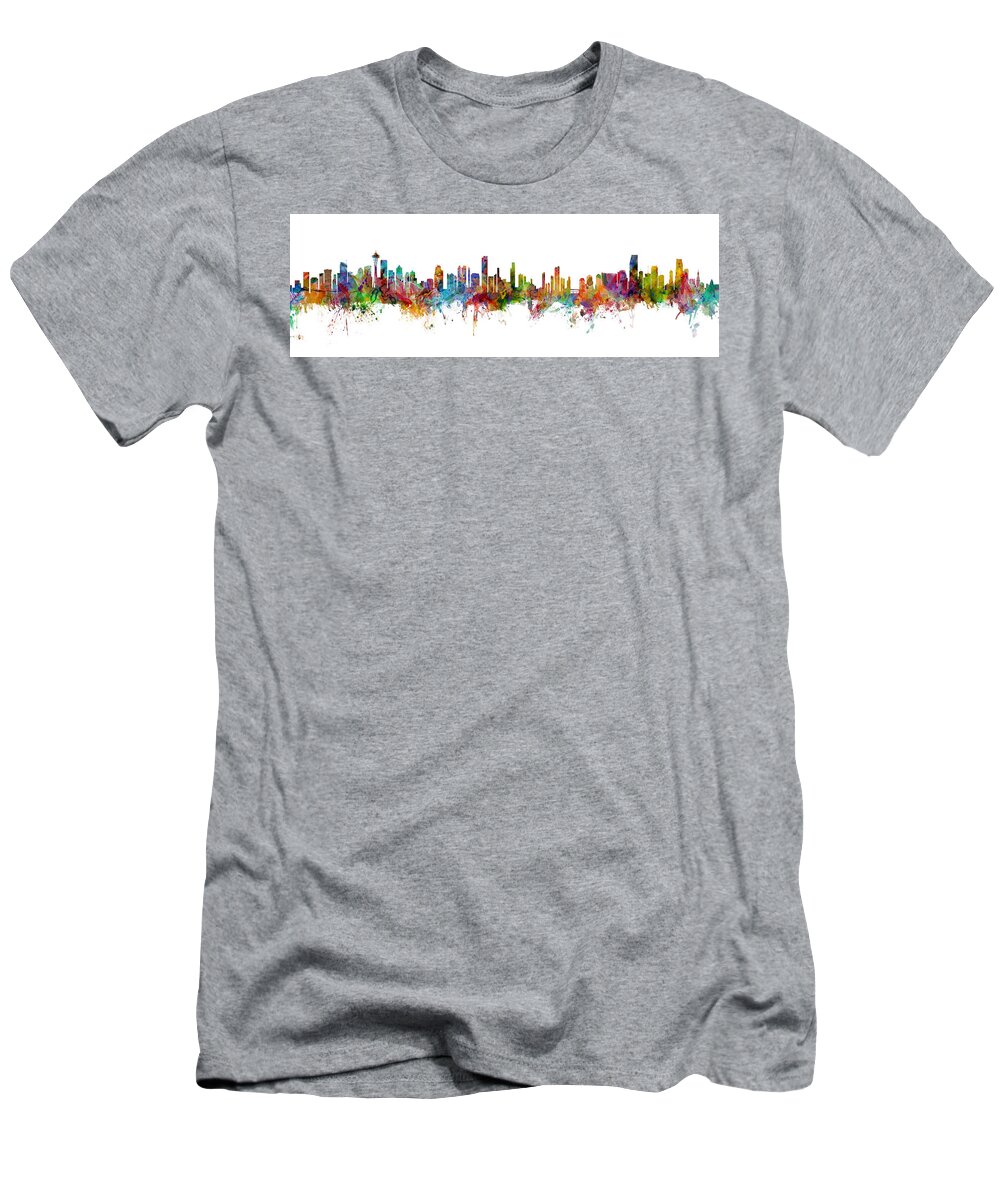 Miami T-Shirt featuring the digital art Seattle, Honolulu and Miami Skylines Mashup by Michael Tompsett