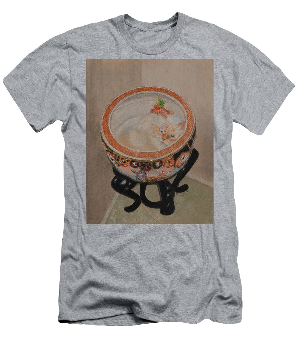 Cat T-Shirt featuring the drawing Shakespeare in a Chinese Fishbowl by Quwatha Valentine