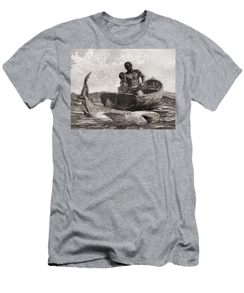 Winslow Homer T-Shirt featuring the drawing Shark Fishing, Nassau Bar by Winslow Homer