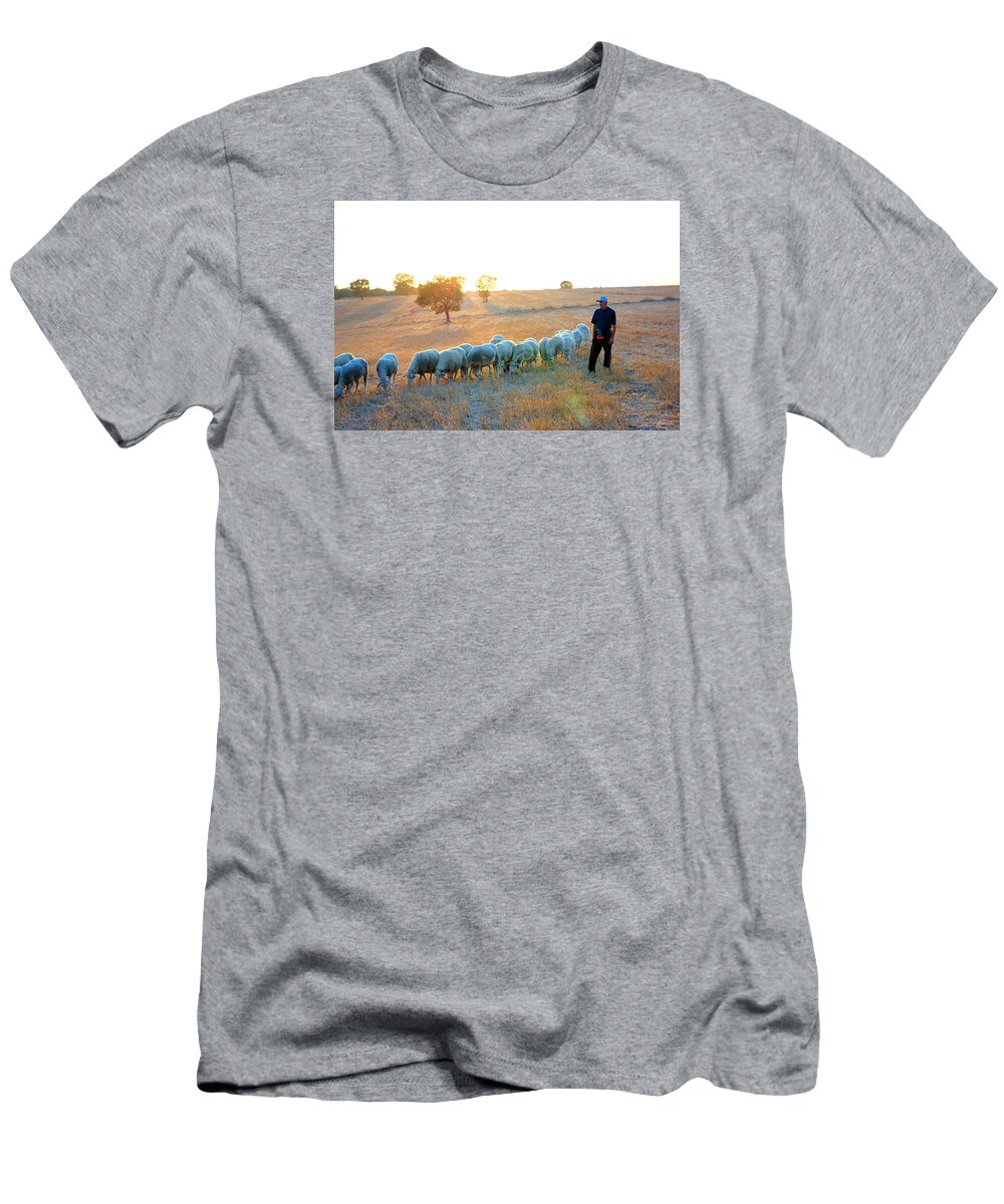 Istanbul T-Shirt featuring the photograph Shepherd and flock of sheep by Lilia S