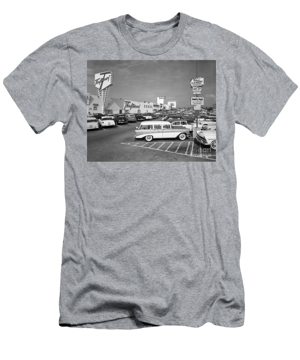 1950s T-Shirt featuring the photograph Shopping Center Parking Lot, C.1950s by H Armstrong Roberts ClassicStock