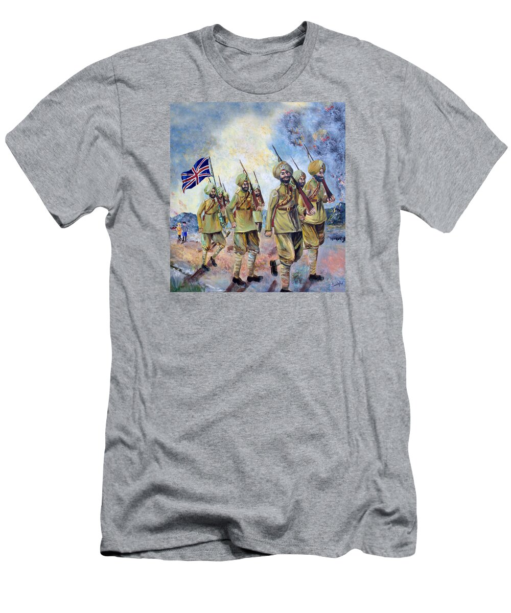 #sikhs T-Shirt featuring the painting Sikh soldiers in France WW1 by Sarabjit Singh