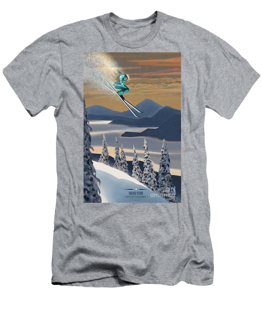 Retro Ski Art T-Shirt featuring the painting Silver Star ski poster by Sassan Filsoof