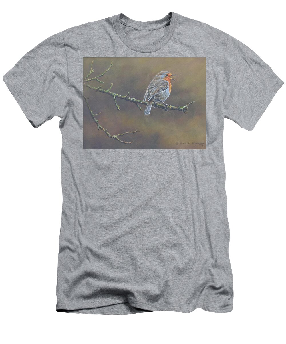 Wildlife Paintings T-Shirt featuring the painting Singing Robin by Alan M Hunt