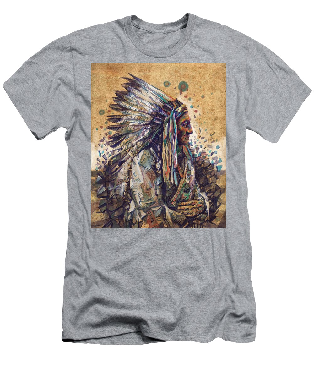 Native T-Shirt featuring the painting Sitting Bull Decorative Portrait 2 by Bekim M