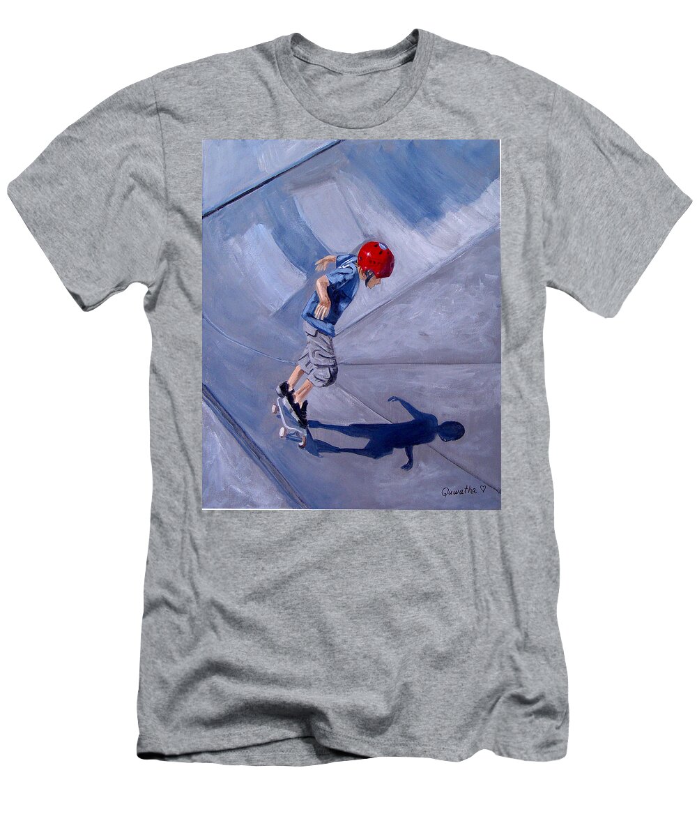 Boy T-Shirt featuring the painting Skateboarding by Quwatha Valentine