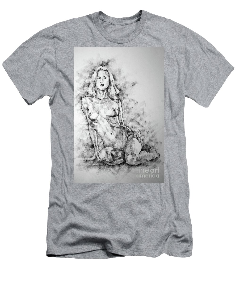 Art T-Shirt featuring the drawing SketchBook Page 36 Female Sitting Pose Drawing by Dimitar Hristov