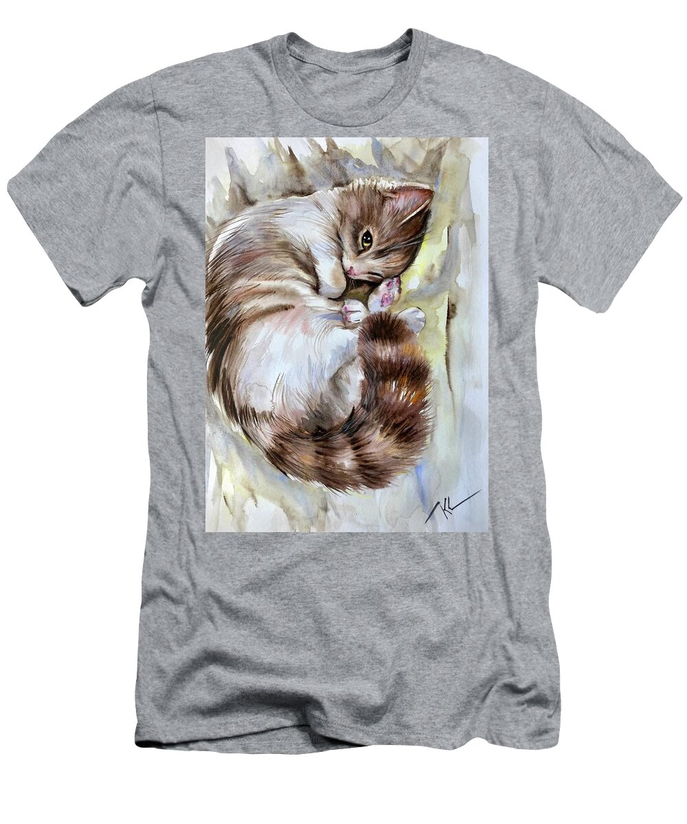 Animal T-Shirt featuring the painting Sleepy cat 2 by Katerina Kovatcheva