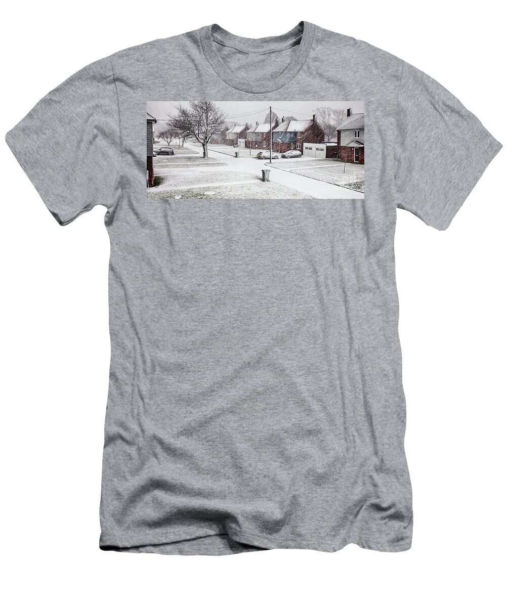 Snow T-Shirt featuring the photograph Snow blizzard street scene in rural Norfolk by Simon Bratt