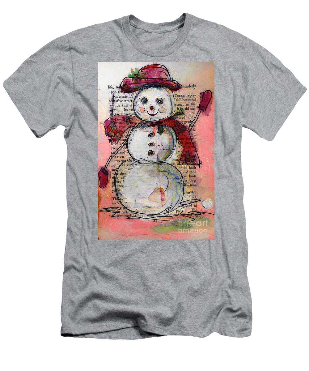 Snowman T-Shirt featuring the painting Snowman with Red Hat and Mistletoe by Claire Bull