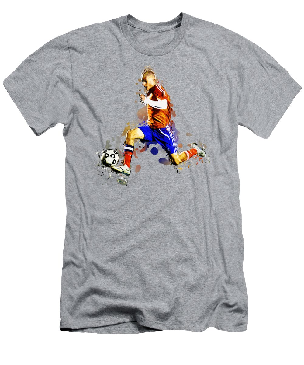 Sports T-Shirt featuring the painting Soccer Player Moving the Ball in Stadium by Elaine Plesser