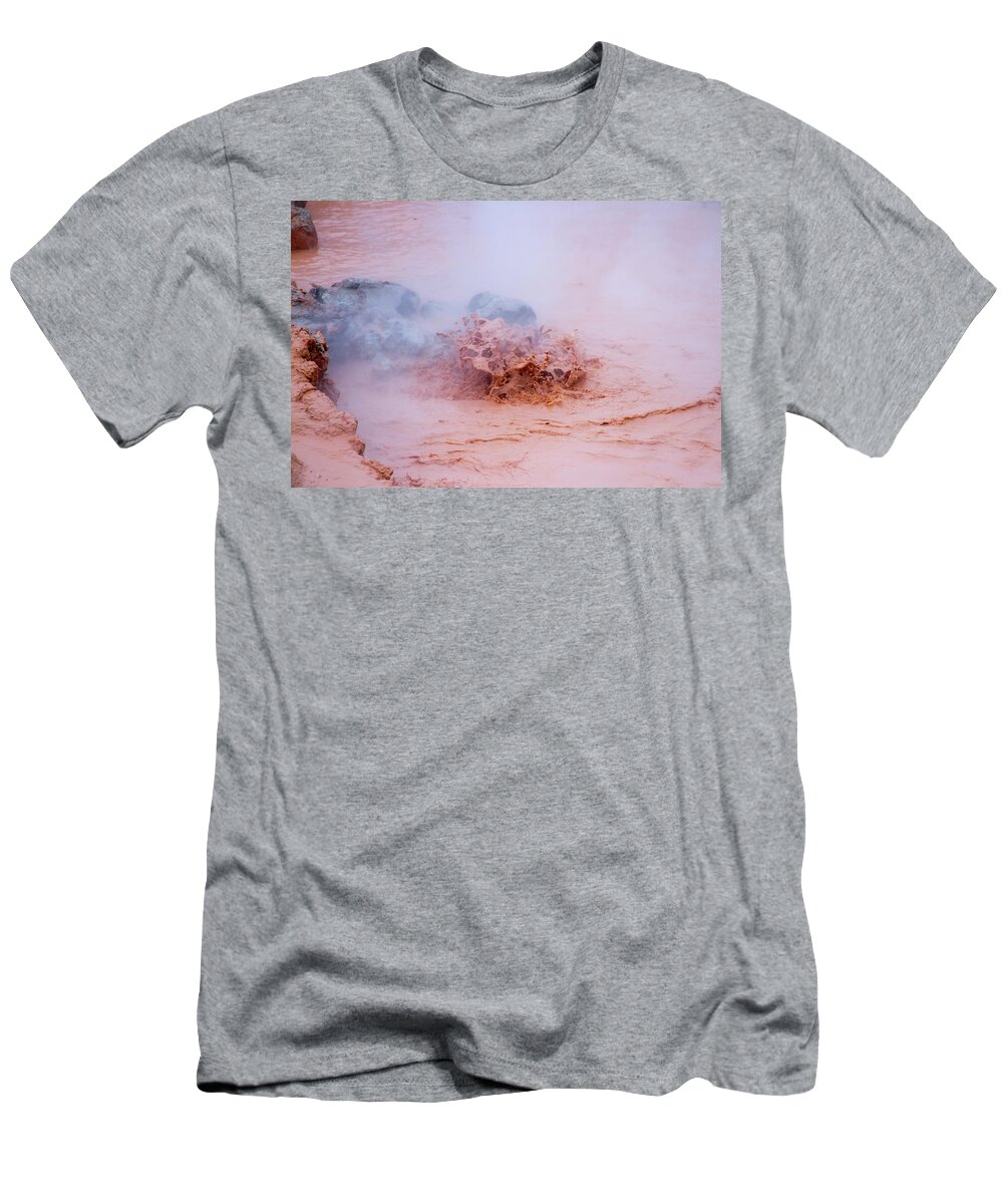 America T-Shirt featuring the photograph Splashing mud in hot pots at Fountain Paint Pots in Yellowstone by Karen Foley
