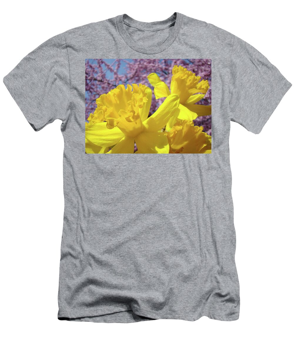 Flowers T-Shirt featuring the photograph Spring Art Prints Yellow Daffodils Flowers Pink Blossoms Baslee Troutman by Patti Baslee