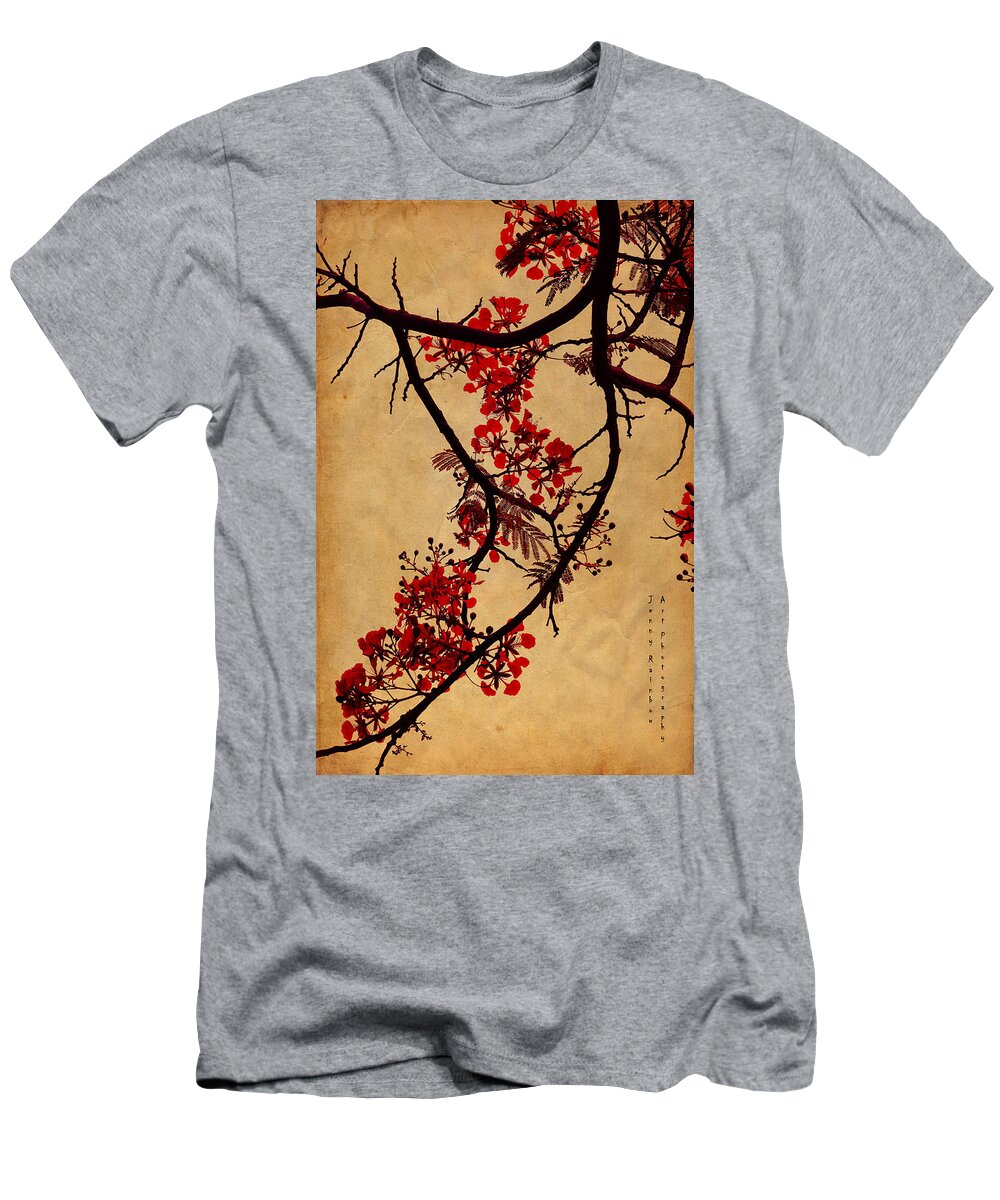 Spring T-Shirt featuring the photograph Spring Bloosom in Maldives. Flamboyant Tree I. Japanese Style by Jenny Rainbow