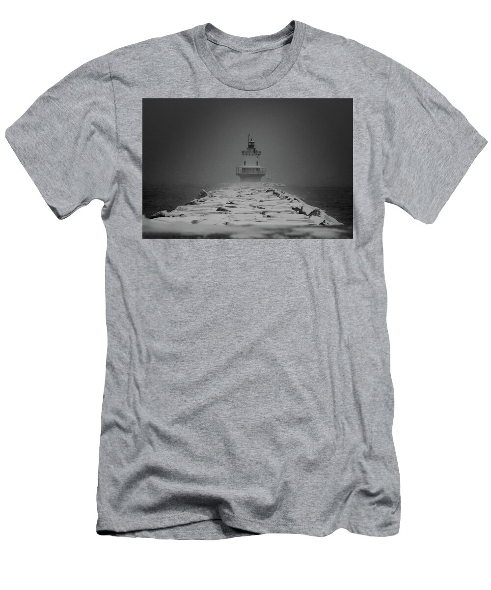 Sprint Point T-Shirt featuring the photograph Spring Point Ledge Lighthouse Blizzard in Black n White by Darryl Hendricks