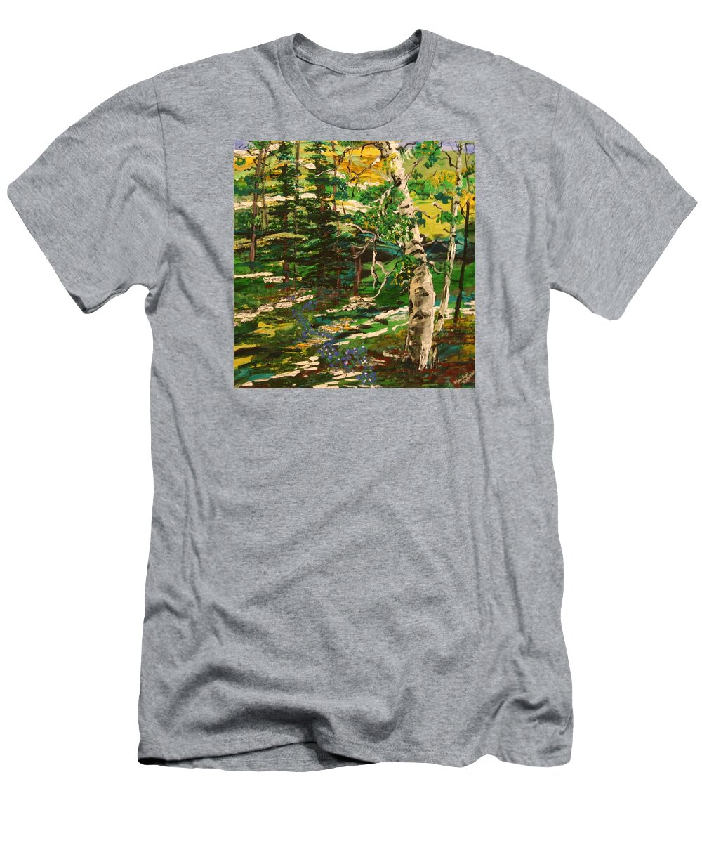 Impressionist Aspen T-Shirt featuring the painting Springtime in the Rockies by Marilyn Quigley