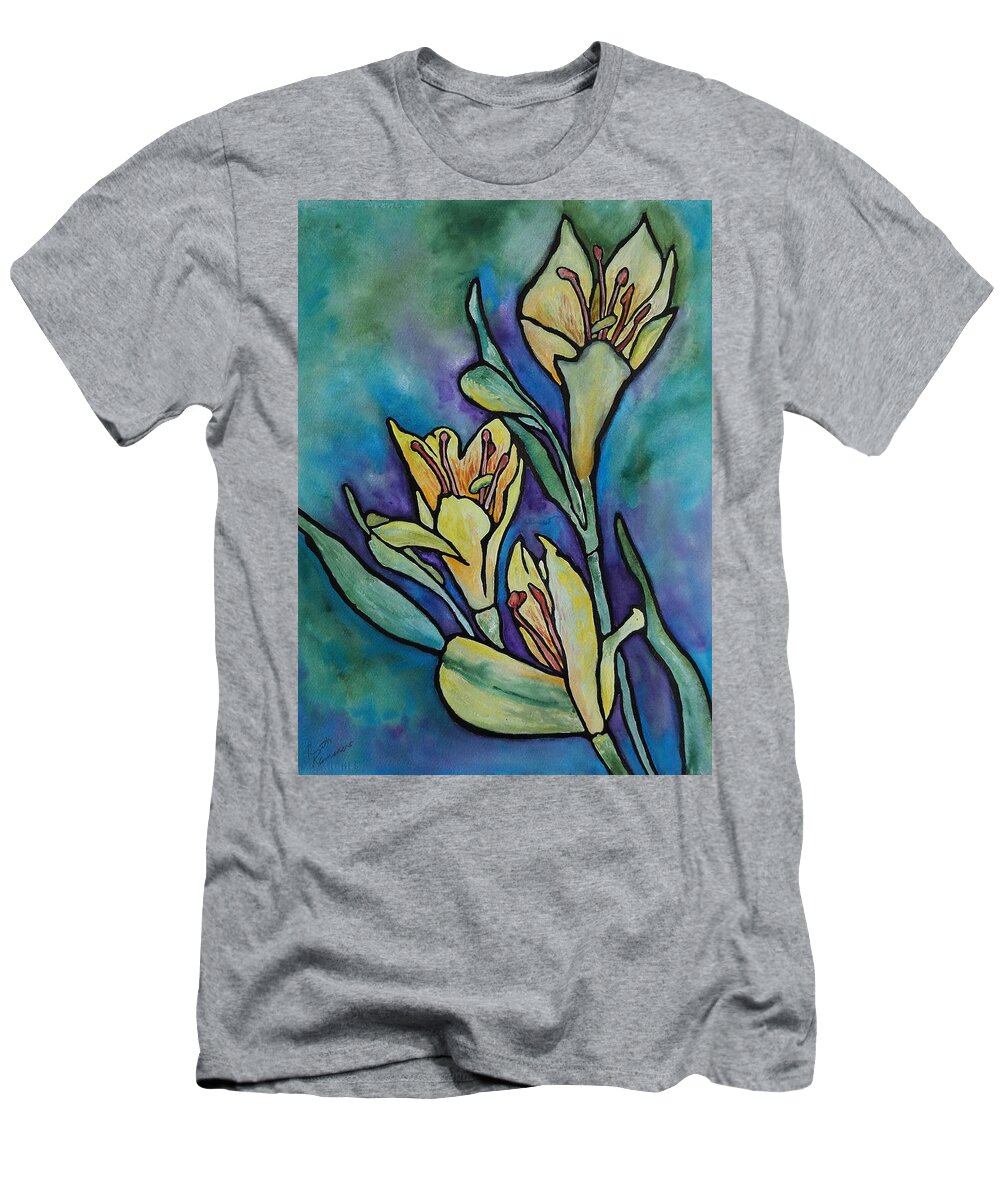 Flowers T-Shirt featuring the painting Stained Glass Flowers by Ruth Kamenev