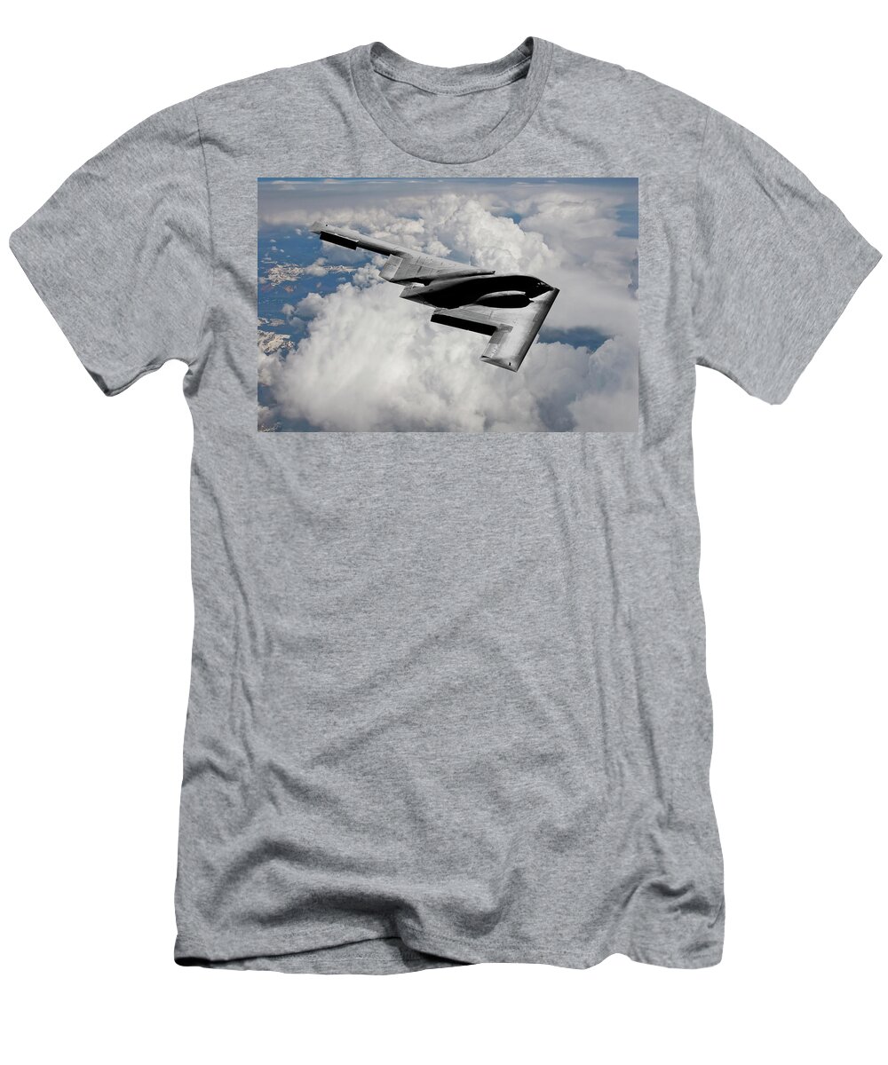 B-2 Stealth Bomber T-Shirt featuring the mixed media Stealth Bomber Over the Clouds by Erik Simonsen