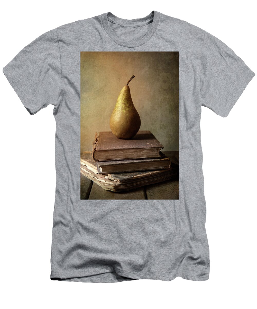 Book T-Shirt featuring the photograph Still life with old books and fresh pear by Jaroslaw Blaminsky