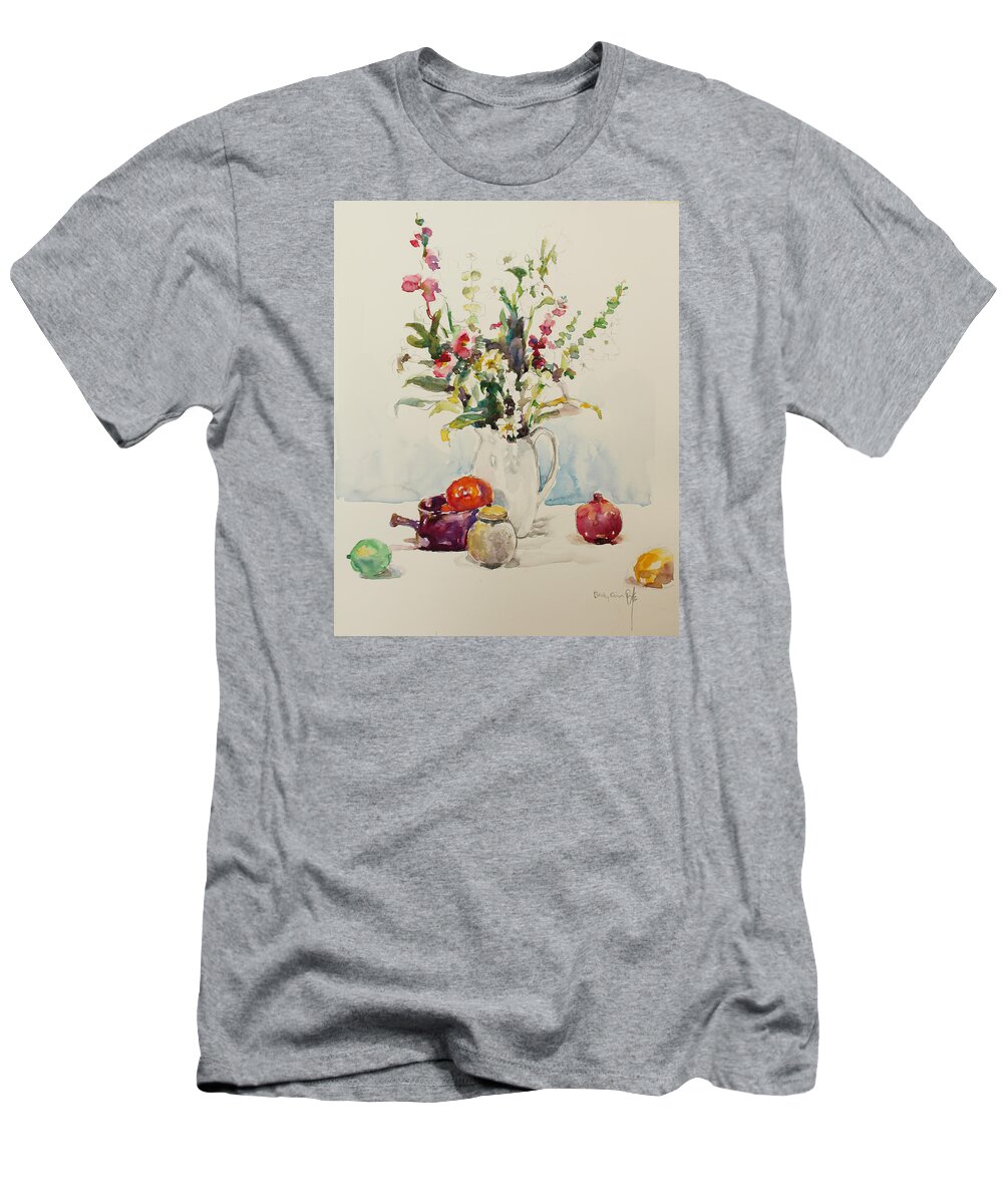 Watercolor T-Shirt featuring the painting Still Life with Pomegranate by Becky Kim