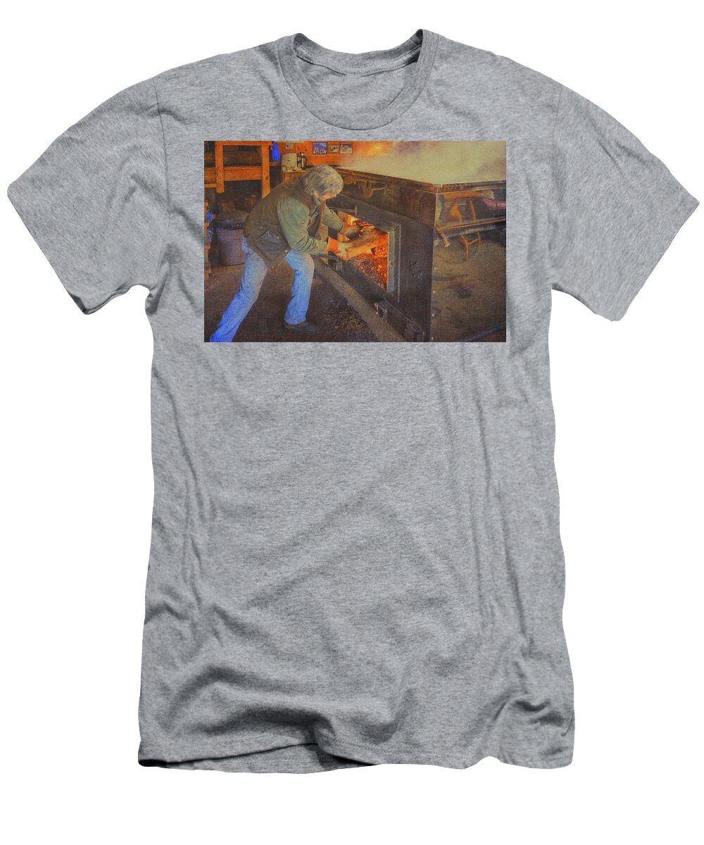 Maple Trees T-Shirt featuring the photograph Stoking The Sugarhouse by Tom Singleton