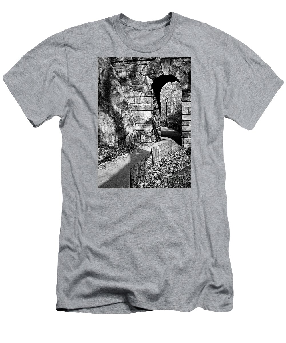 Central Park T-Shirt featuring the photograph Stone Arch in the Ramble of Central Park - BW by James Aiken