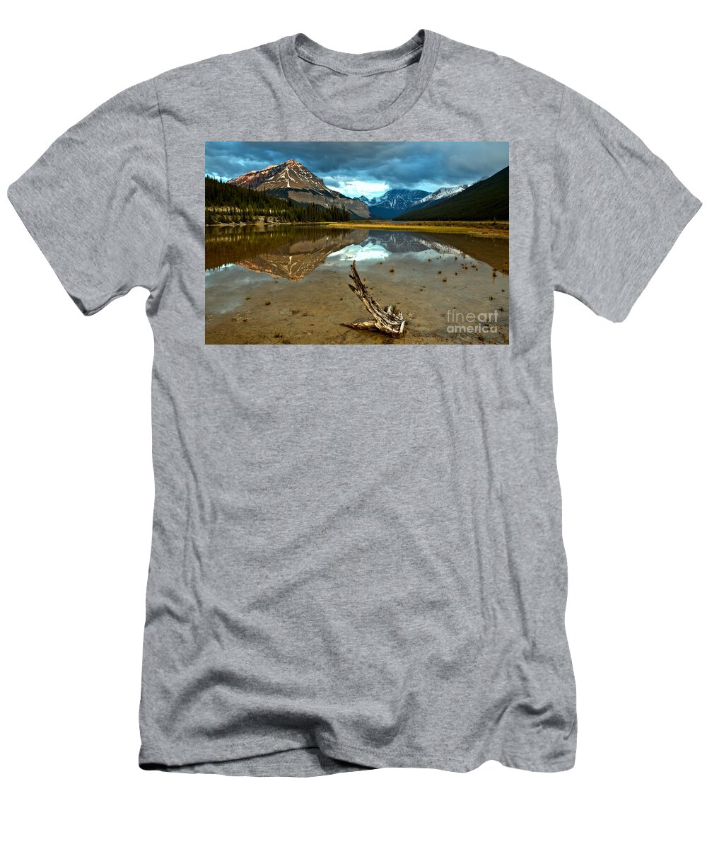 Beauty Creek T-Shirt featuring the photograph Storm Clouds And Mt. Chephren Reflections by Adam Jewell