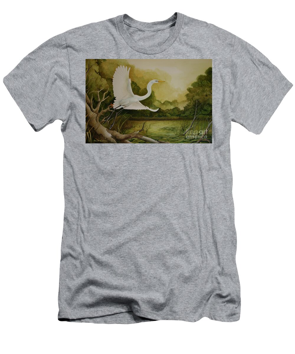 Great Egret T-Shirt featuring the painting Summer Solitude by Charles Owens