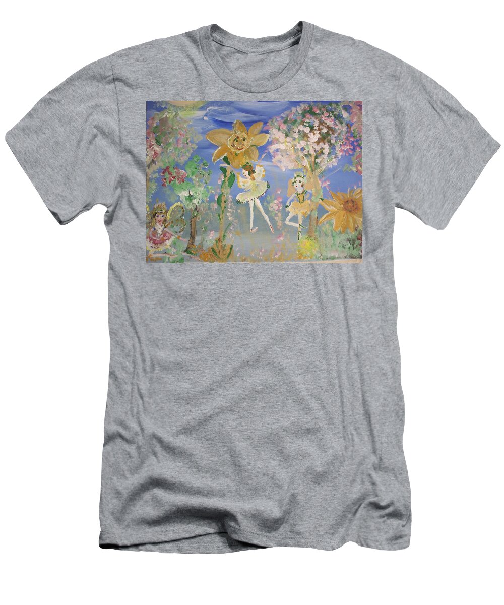 Sunflowers T-Shirt featuring the painting Sunflower Fairies by Judith Desrosiers