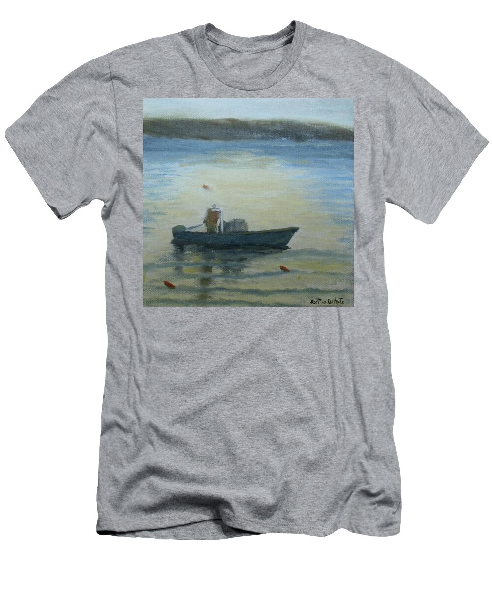 Seascape Landscape Sea Ocean Boat Sun Lobster Waves Rocks T-Shirt featuring the painting Sunny Morning And Lobster by Scott W White