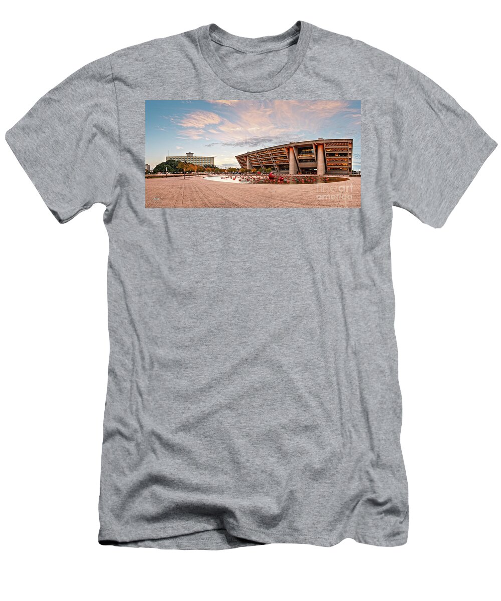 Downtown T-Shirt featuring the photograph Sunrise Panorama of Downtown Dallas City Hall and Park Plaza Reflection Pool - North Texas by Silvio Ligutti
