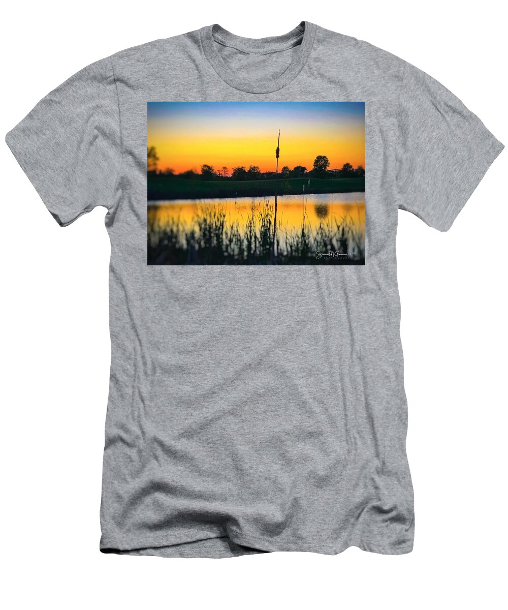 Pond T-Shirt featuring the photograph Sunset Ablaze by Shawn M Greener