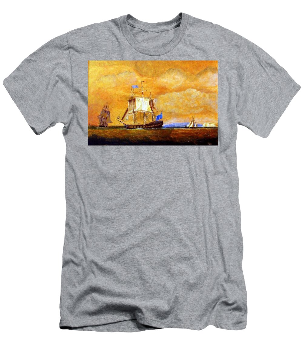 Sunset T-Shirt featuring the painting Sunset and Ships by Richard Le Page