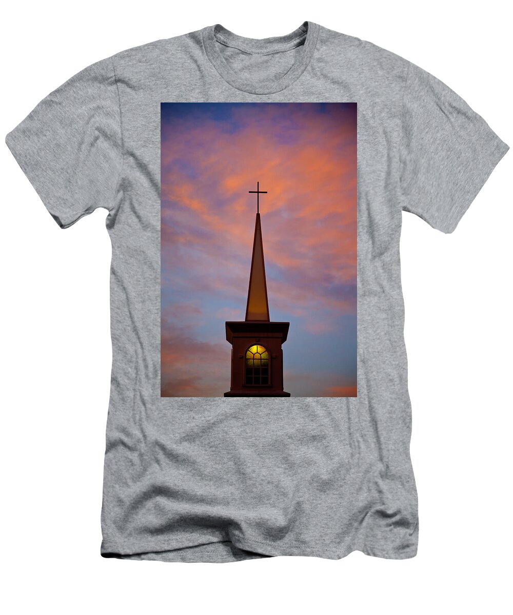 Church T-Shirt featuring the photograph Sunset Steeple by Toni Hopper