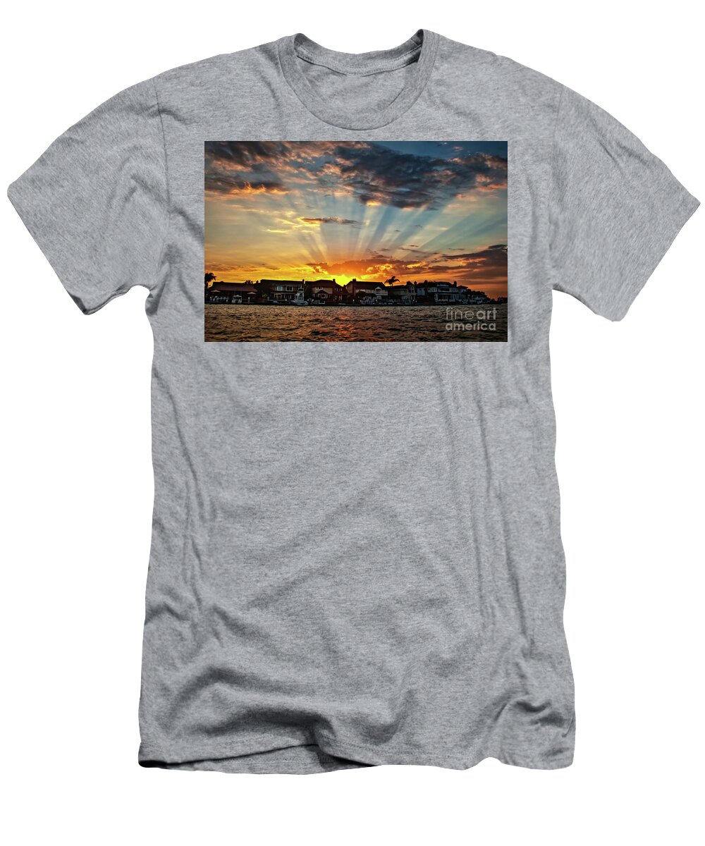 Sun Rays T-Shirt featuring the photograph Sunset Sunrays over Huntington Harbour by Peter Dang