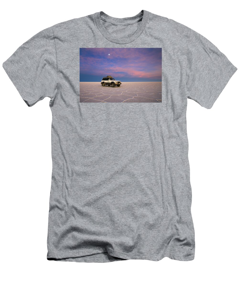 Salar De Uyuni T-Shirt featuring the photograph Lake Uyuni Sunset with Car by Aivar Mikko