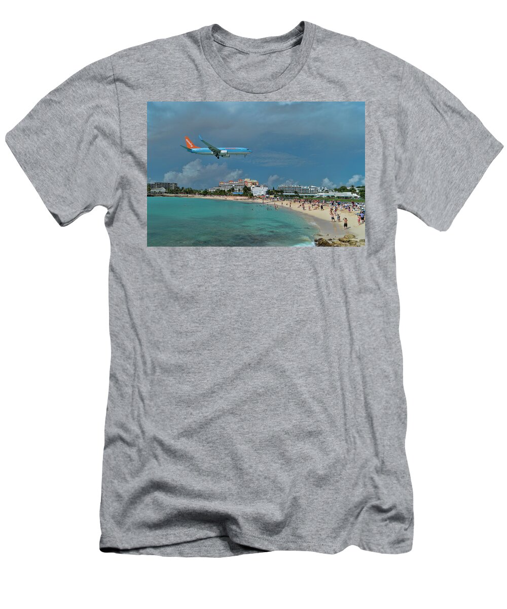 Sunwing T-Shirt featuring the photograph Sunwing Airline at SXM airport by David Gleeson