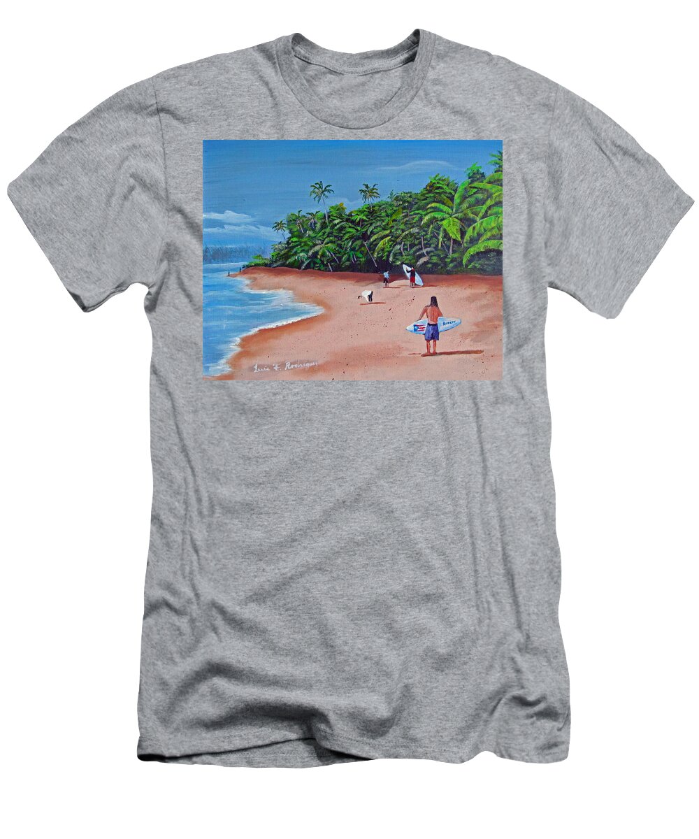 Surfers T-Shirt featuring the painting Surfing A La Rincon by Luis F Rodriguez