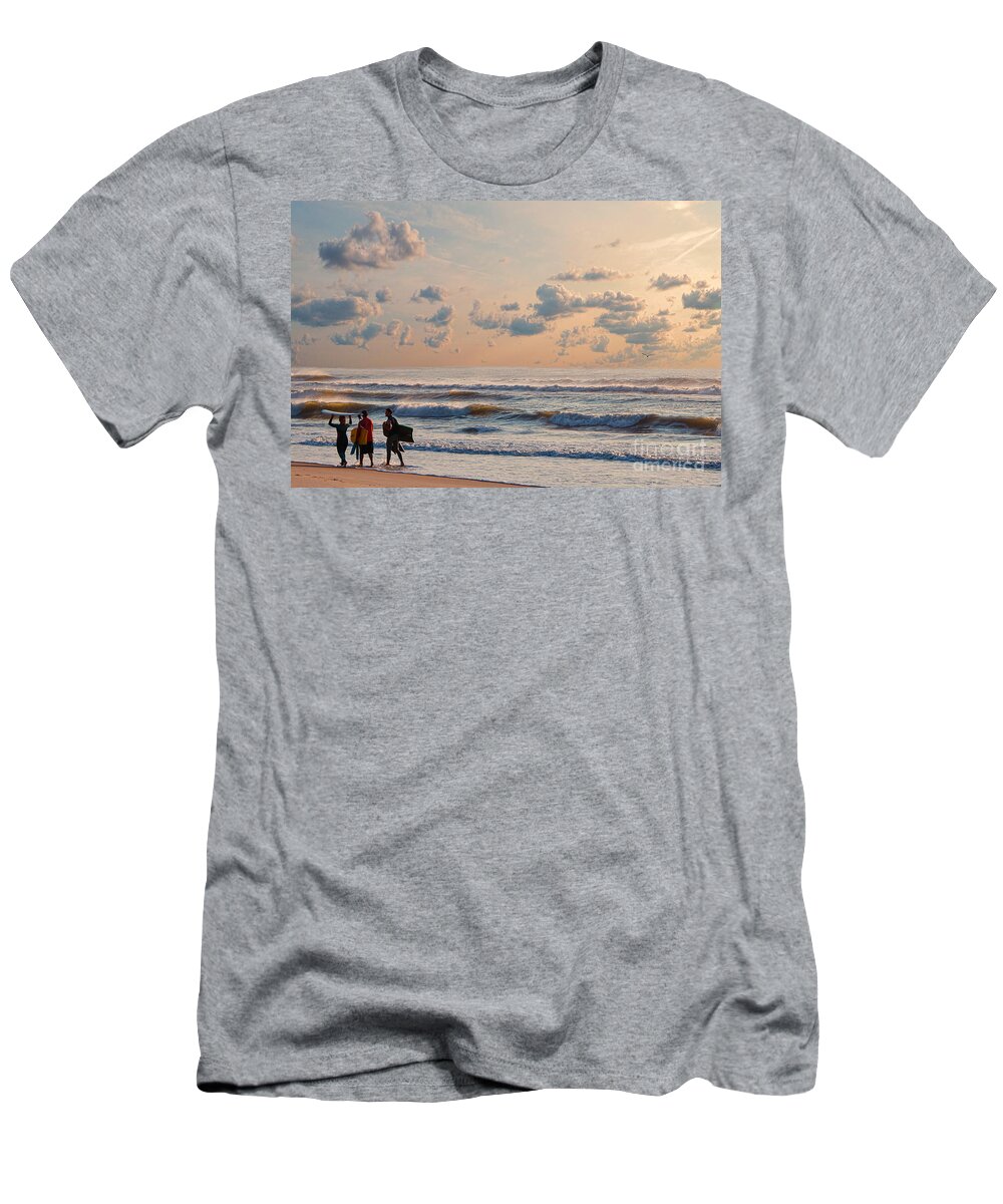 Surfing T-Shirt featuring the photograph Surfing At Sunrise On The Jersey Shore by Jeff Breiman