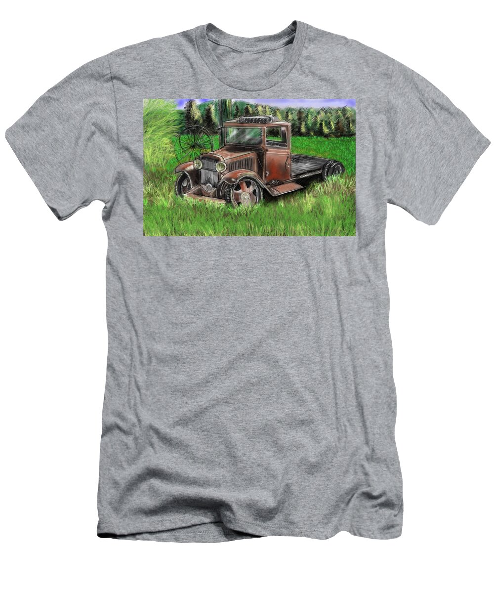 Landscape With Antique Truck T-Shirt featuring the painting Tarnished Memories by Rob Hartman