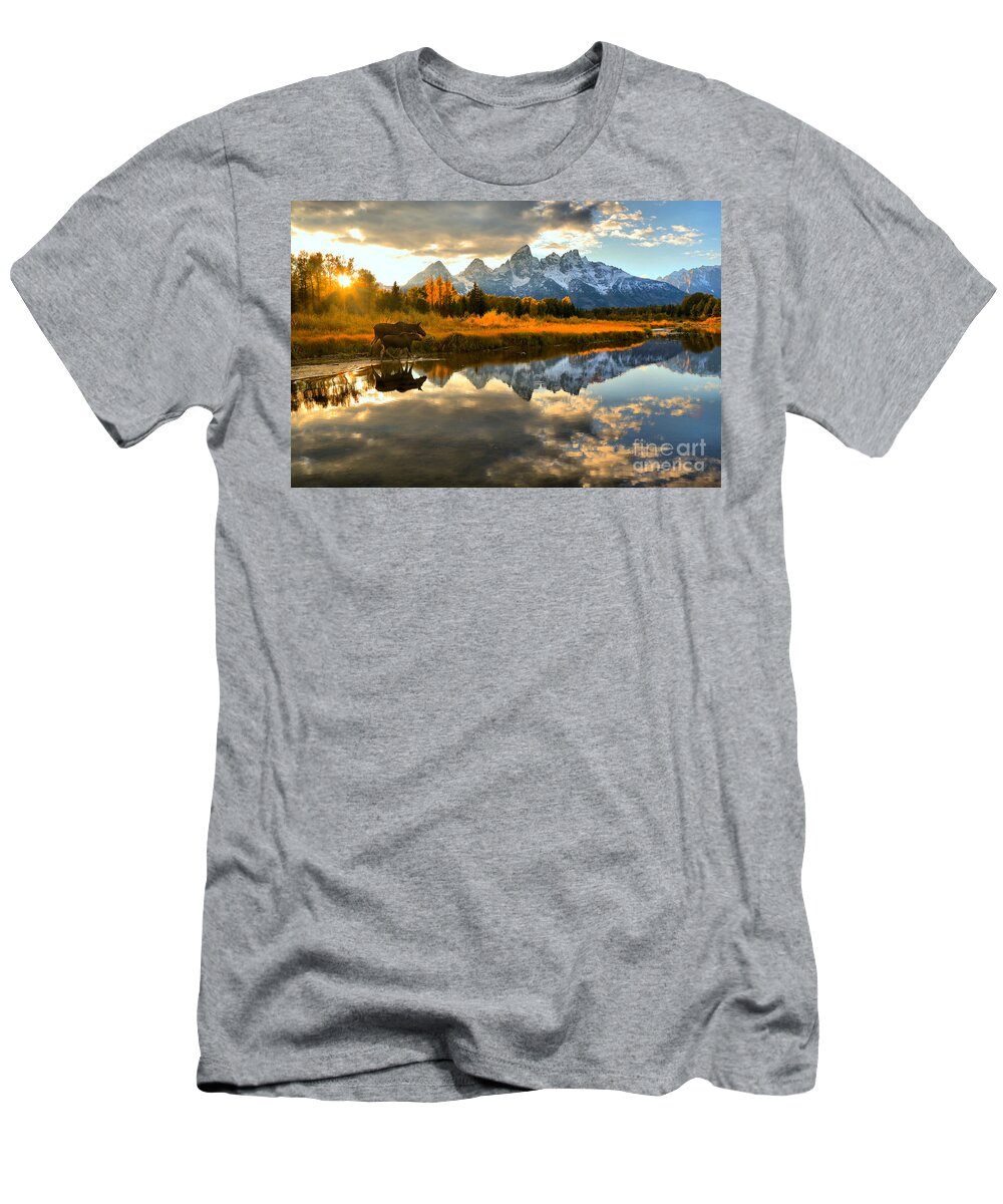 Schwabacher Landing T-Shirt featuring the photograph Teton Moose Sunset Stroll by Adam Jewell