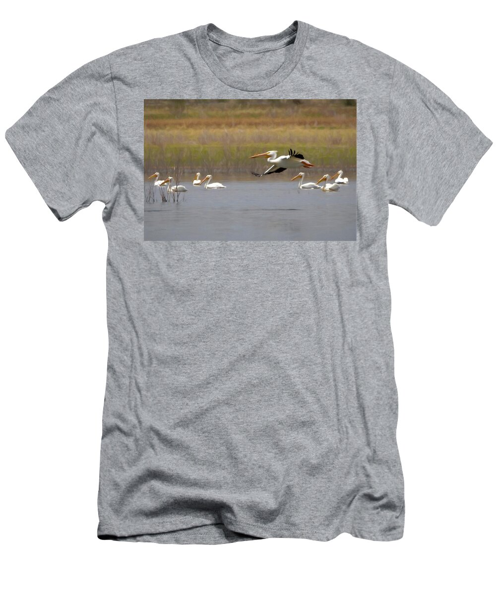 American White Pelican T-Shirt featuring the digital art The American White Pelicans by Ernest Echols