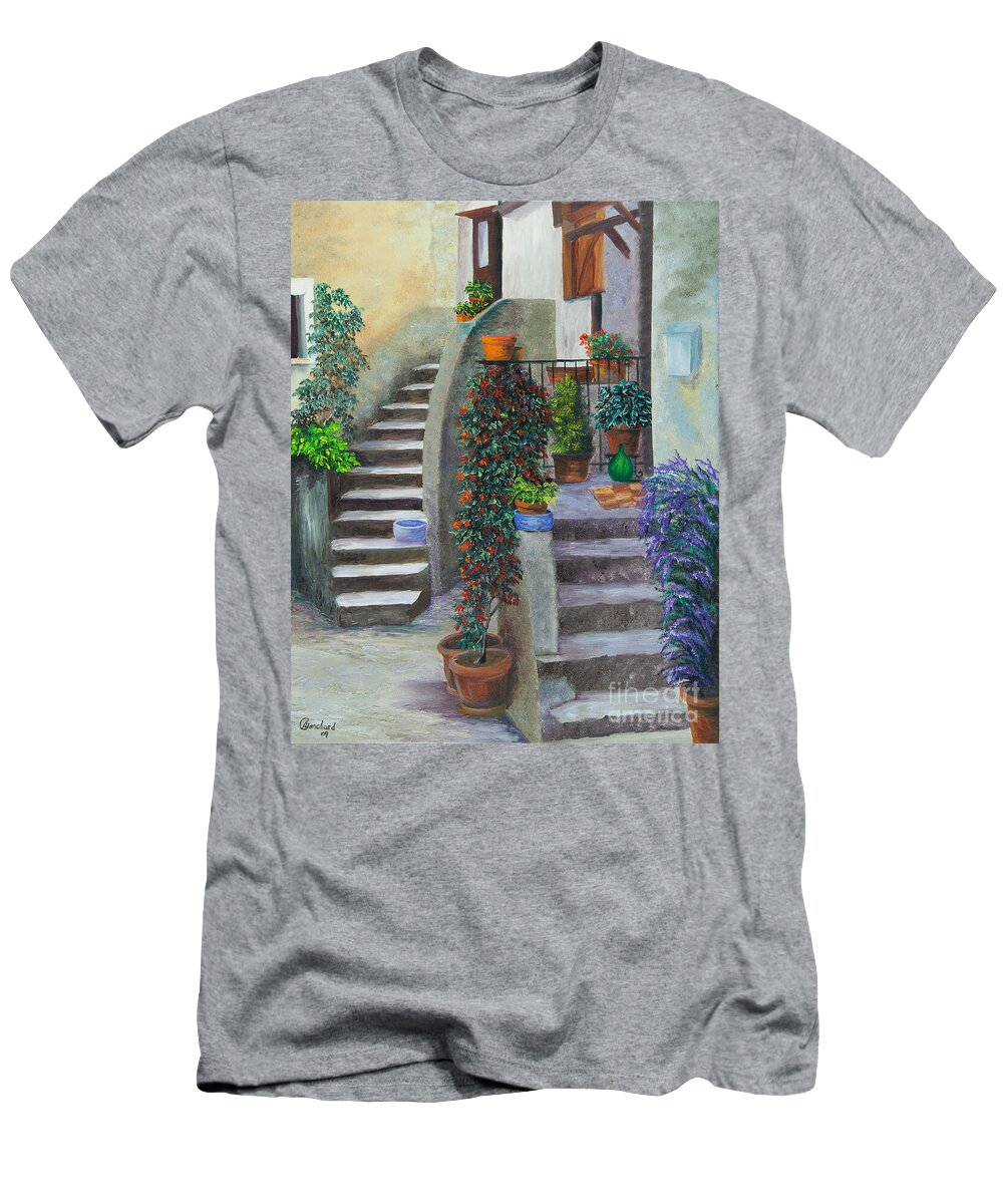 Italy Street Painting T-Shirt featuring the painting The Back Stairs by Charlotte Blanchard