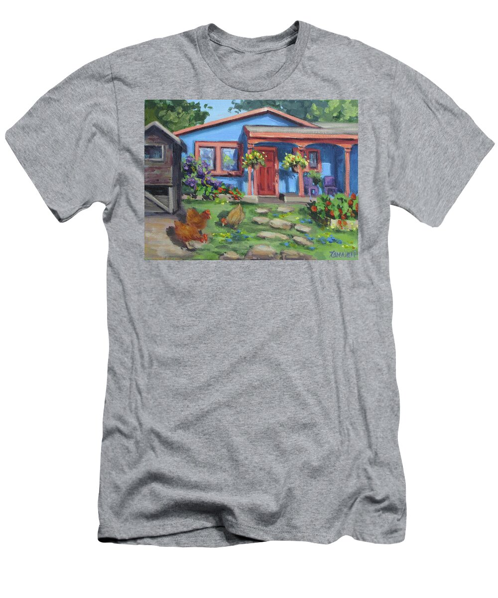 Blue T-Shirt featuring the painting The Blue House by Karen Ilari
