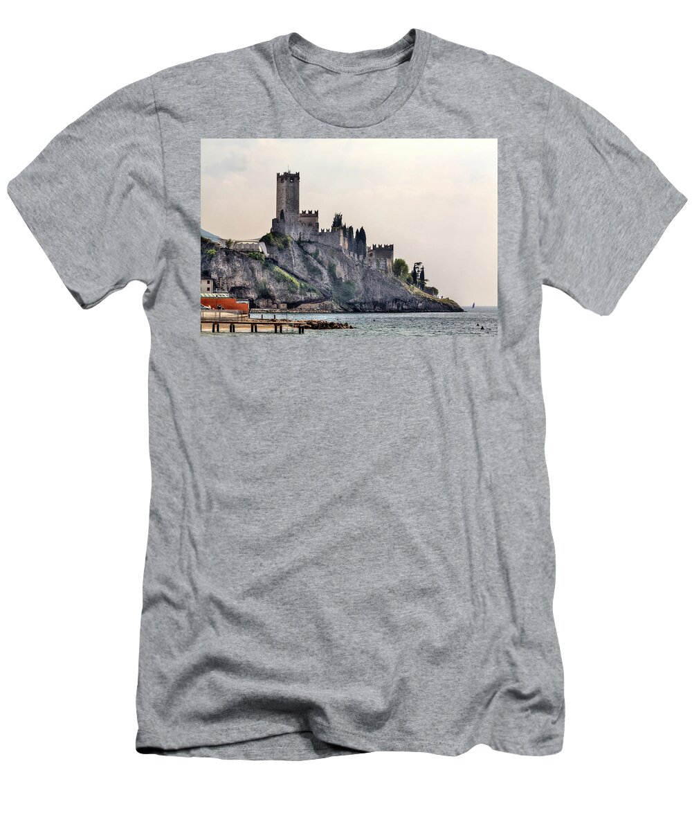 Architecture T-Shirt featuring the photograph the Castello Scaligero, the castle of Malcesine at the Lake Garda in Italy by Gina Koch
